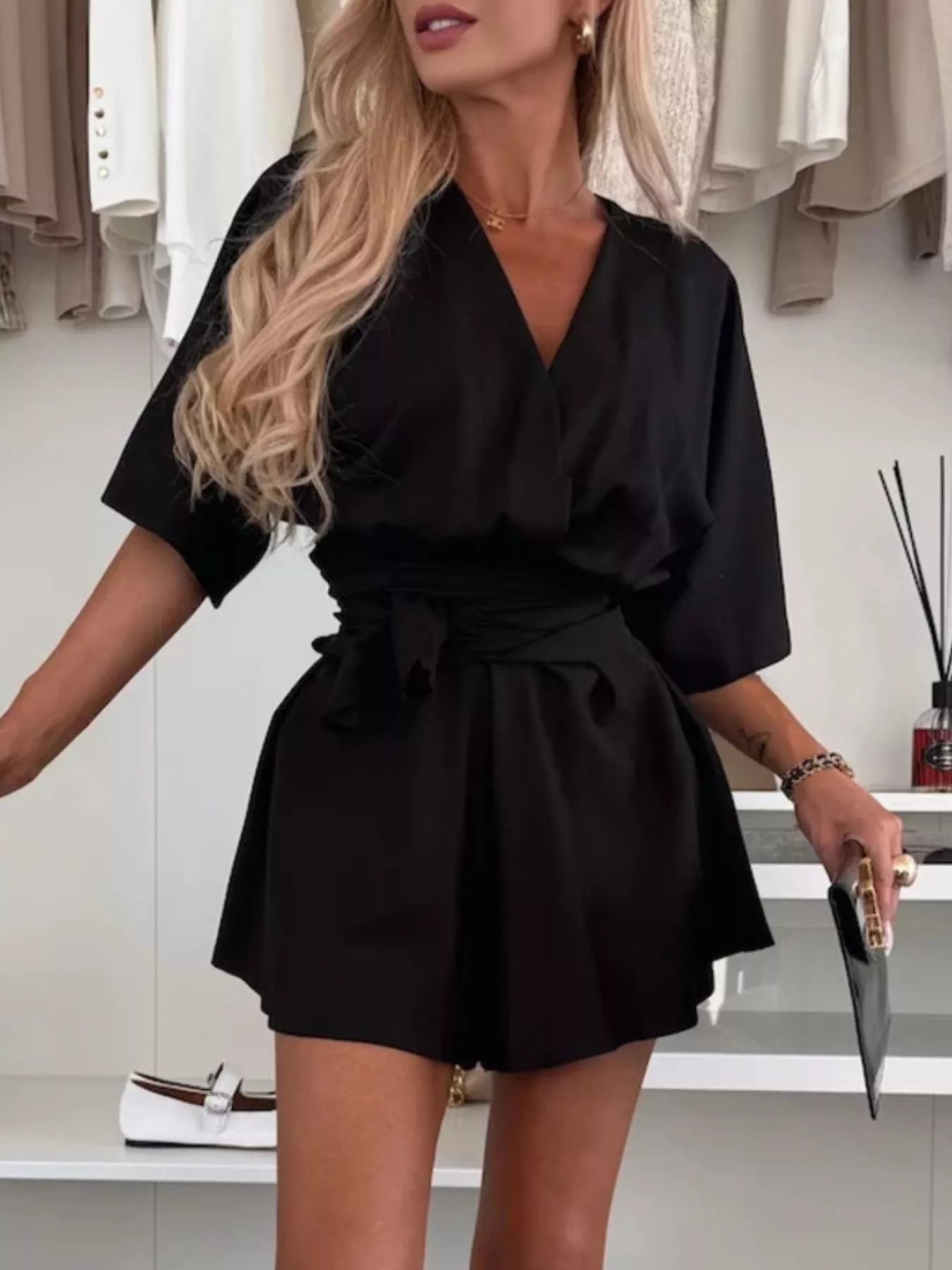 Full Size Surplice Tie Waist Romper Plus Size nicholesgifts
