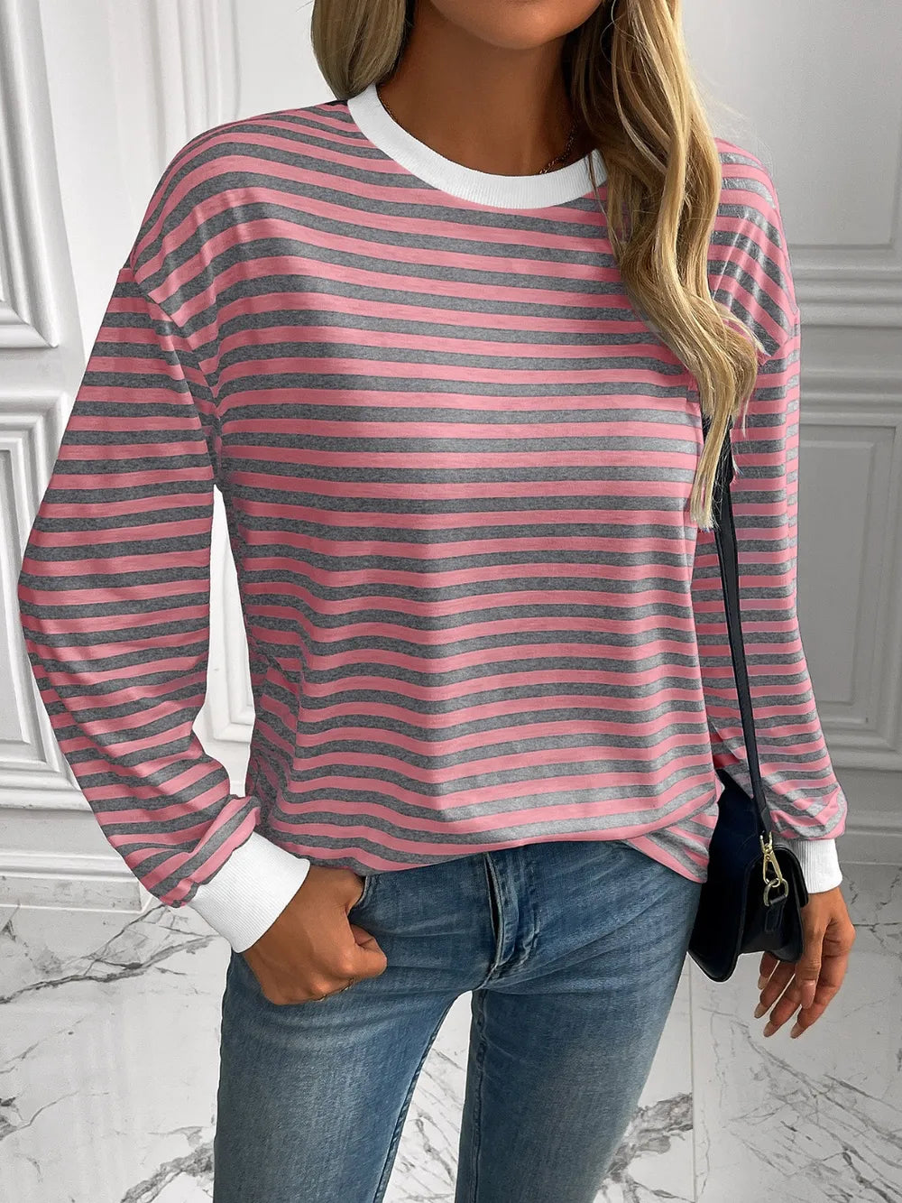 Ivy Lane Striped Round Neck Long Sleeve Sweatshirt Trendsi
