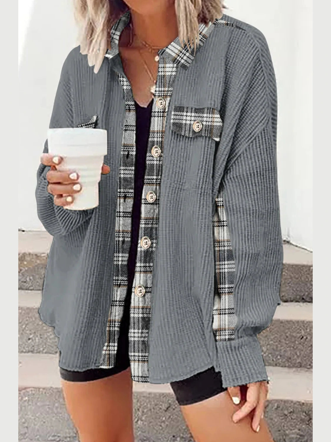 Plaid Button Down Collared Jacket nicholesgifts