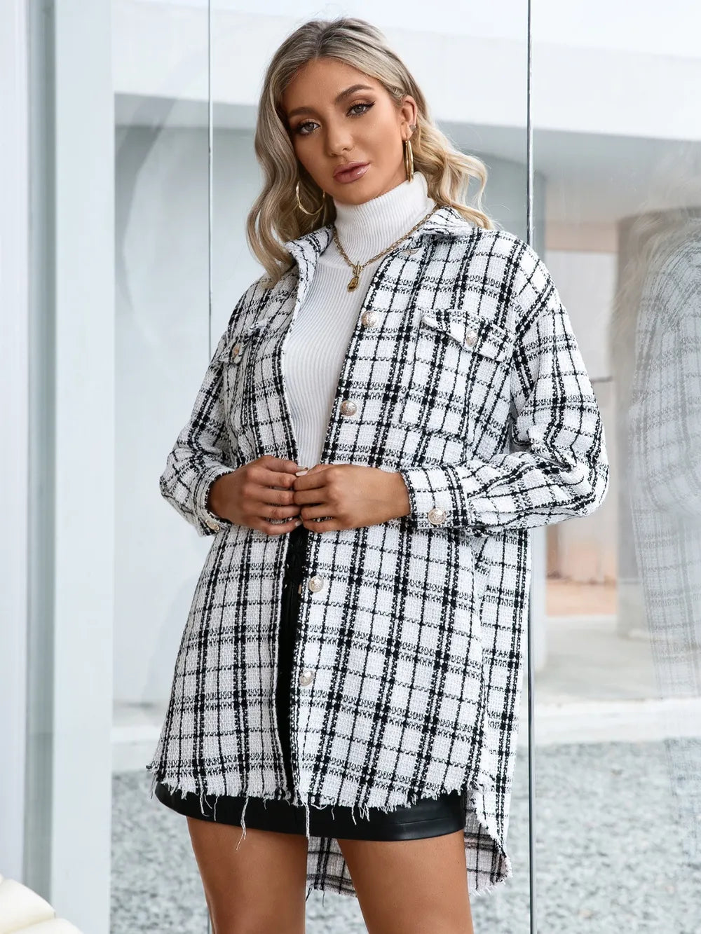 Ivy Lane Plaid Pocketed Button Up Dropped Shoulder Jacket nicholesgifts