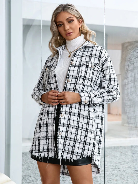Ivy Lane Plaid Pocketed Button Up Dropped Shoulder Jacket nicholesgifts