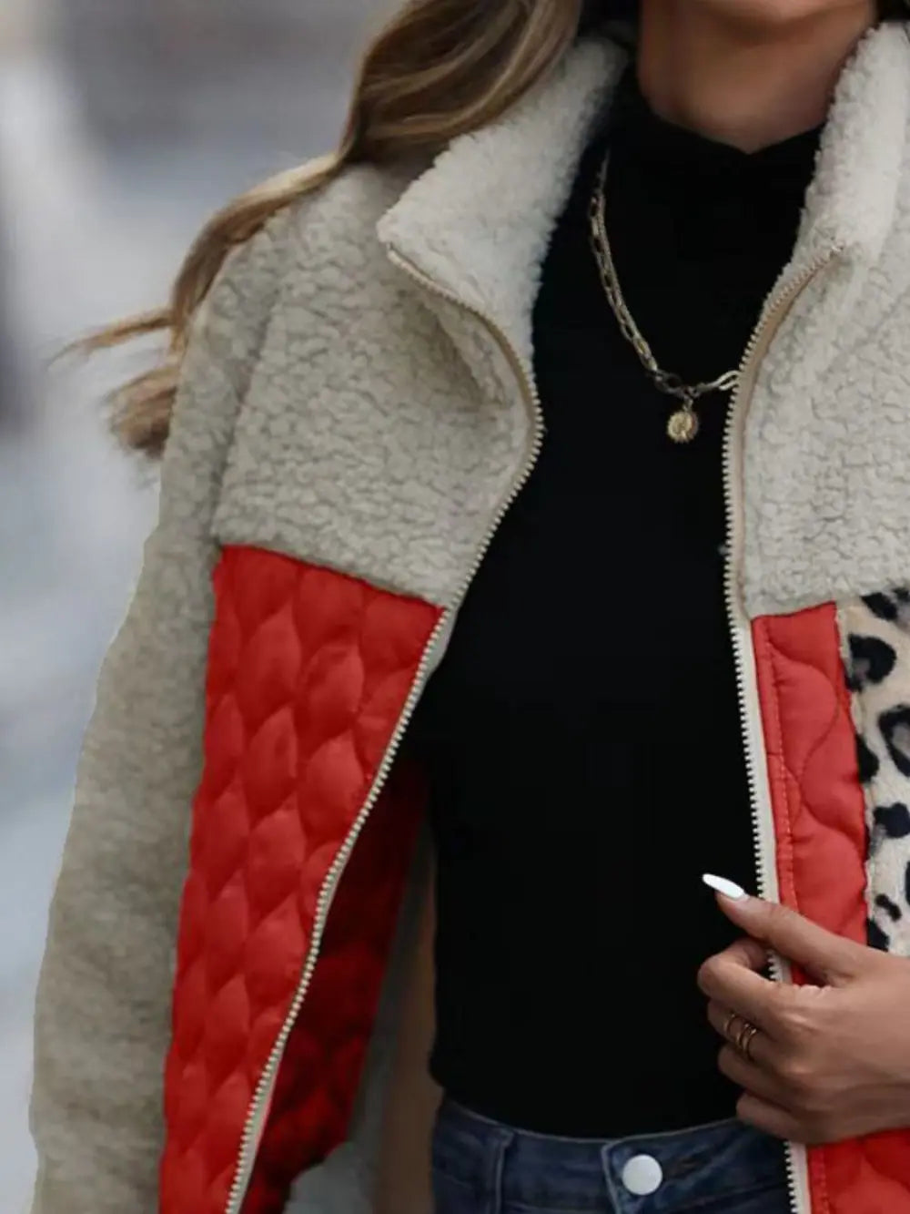 Leopard Color Block Zip-Up Jacket nicholesgifts
