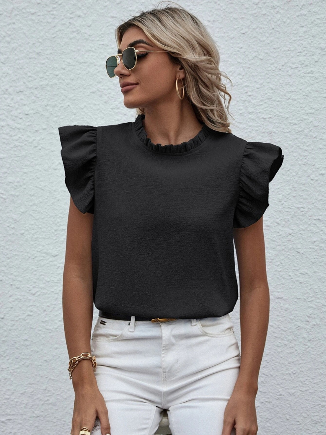 Mock Neck Ruffled Cap Sleeve Blouse nicholesgifts