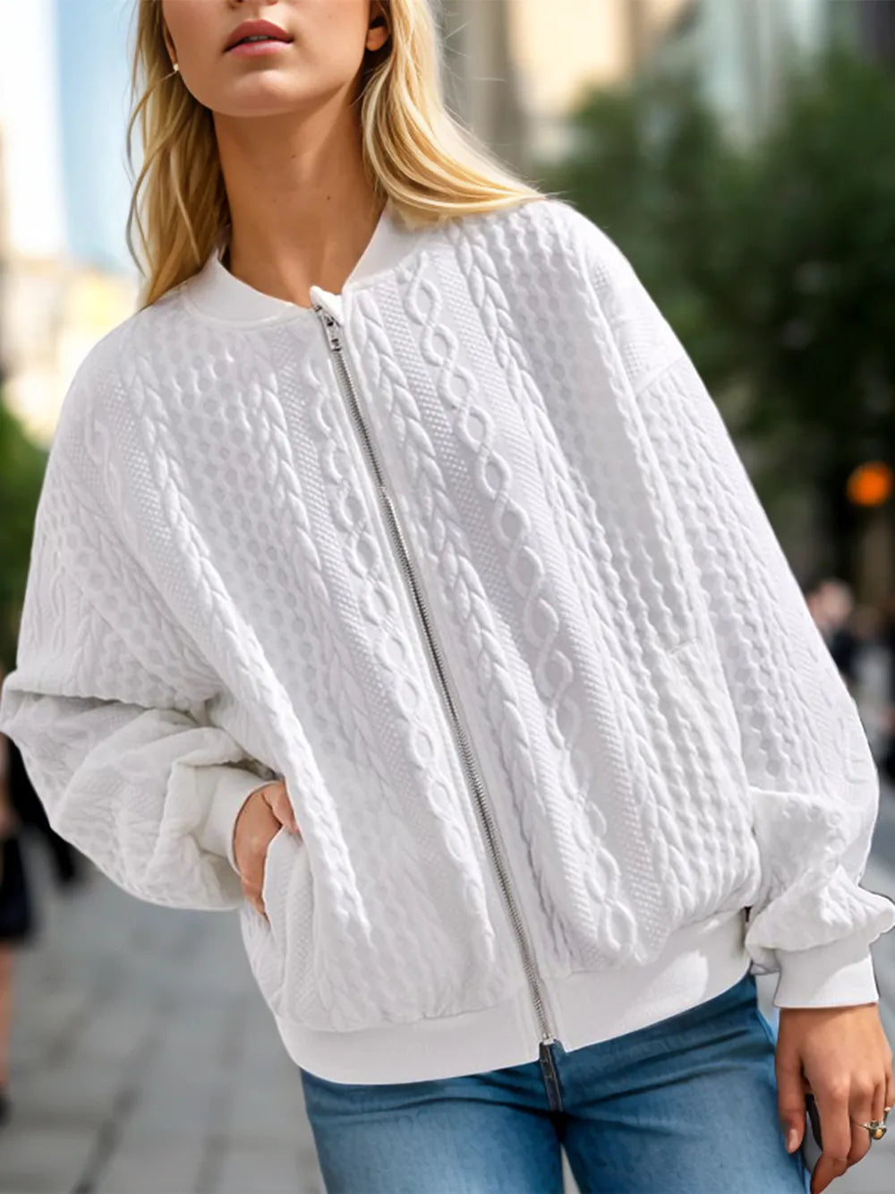 Textured Zip Up Dropped Shoulder Jacket nicholesgifts