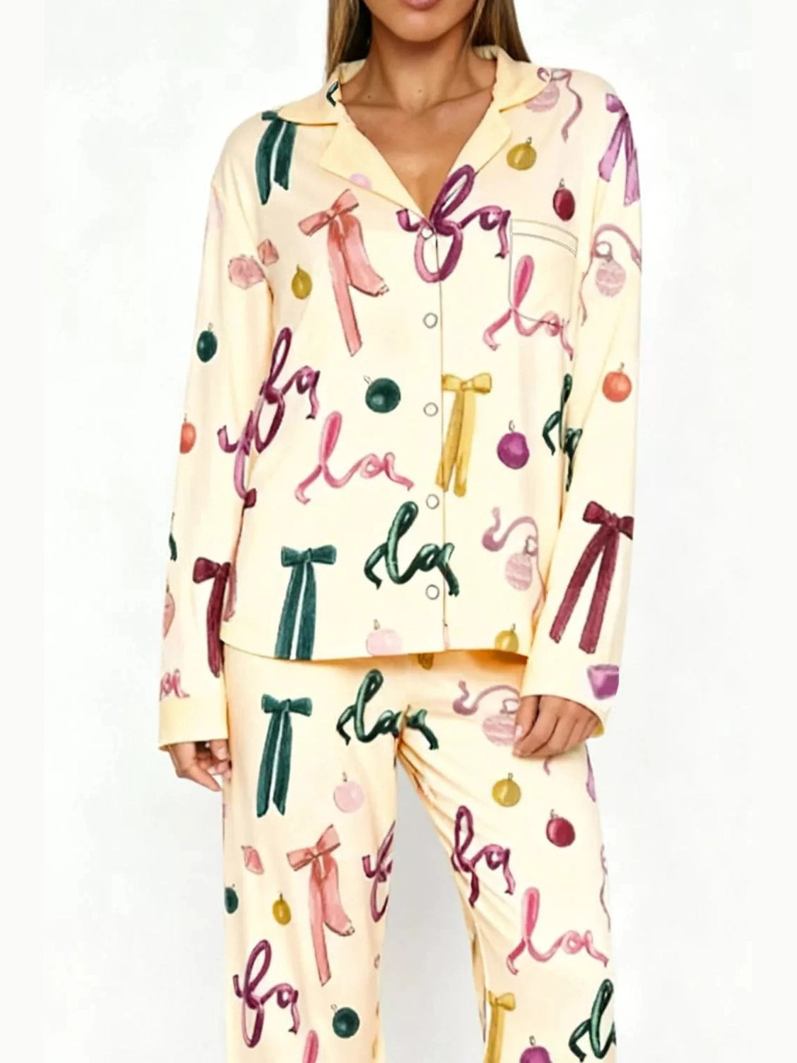 Bow Print Top and Wide Leg Pants Lounge Set nicholesgifts