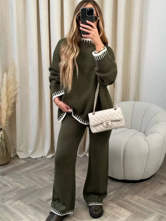 Contrast Trim Round Neck Top and Pants Sweater Set nicholesgifts