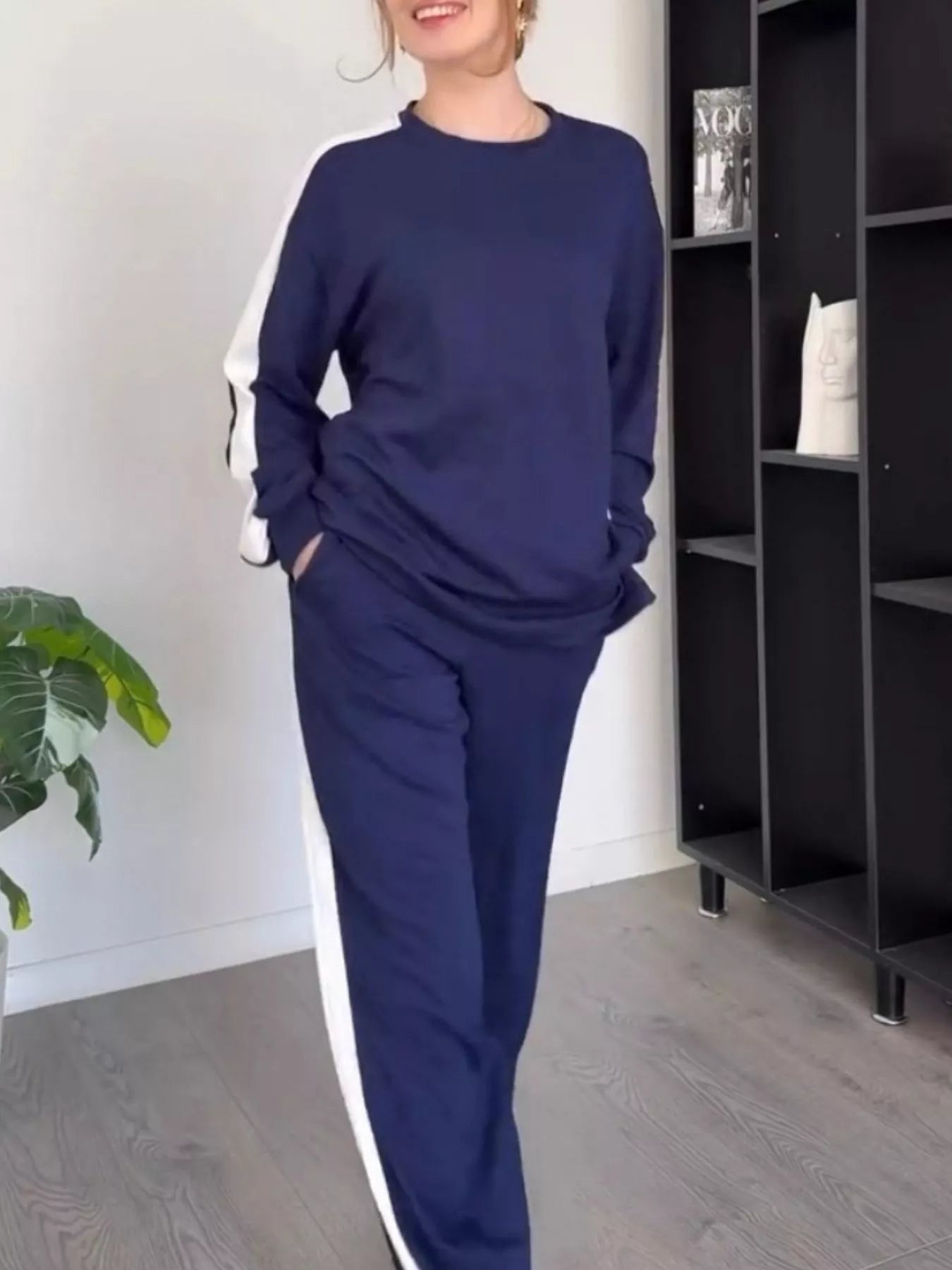 Full Size Contrast Round Neck Top and Pants Set Plus Size nicholesgifts