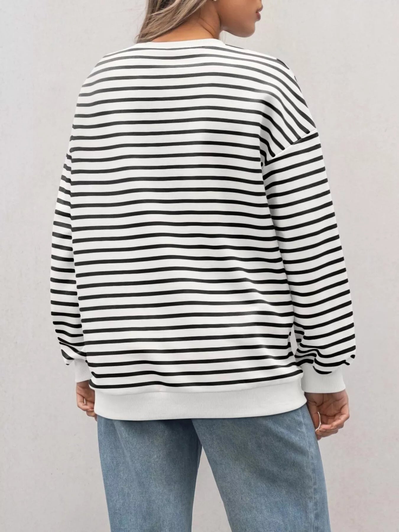 Striped Round Neck Oversized Casual Sweatshirt Trendsi