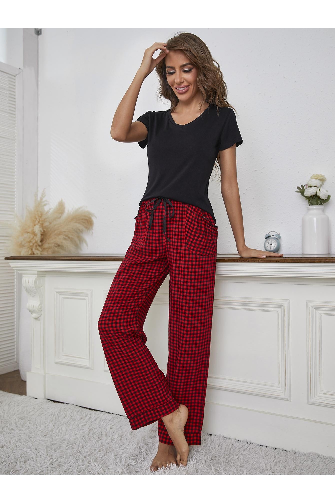 Women V-Neck Top and Gingham Pants Lounge Set nicholesgifts