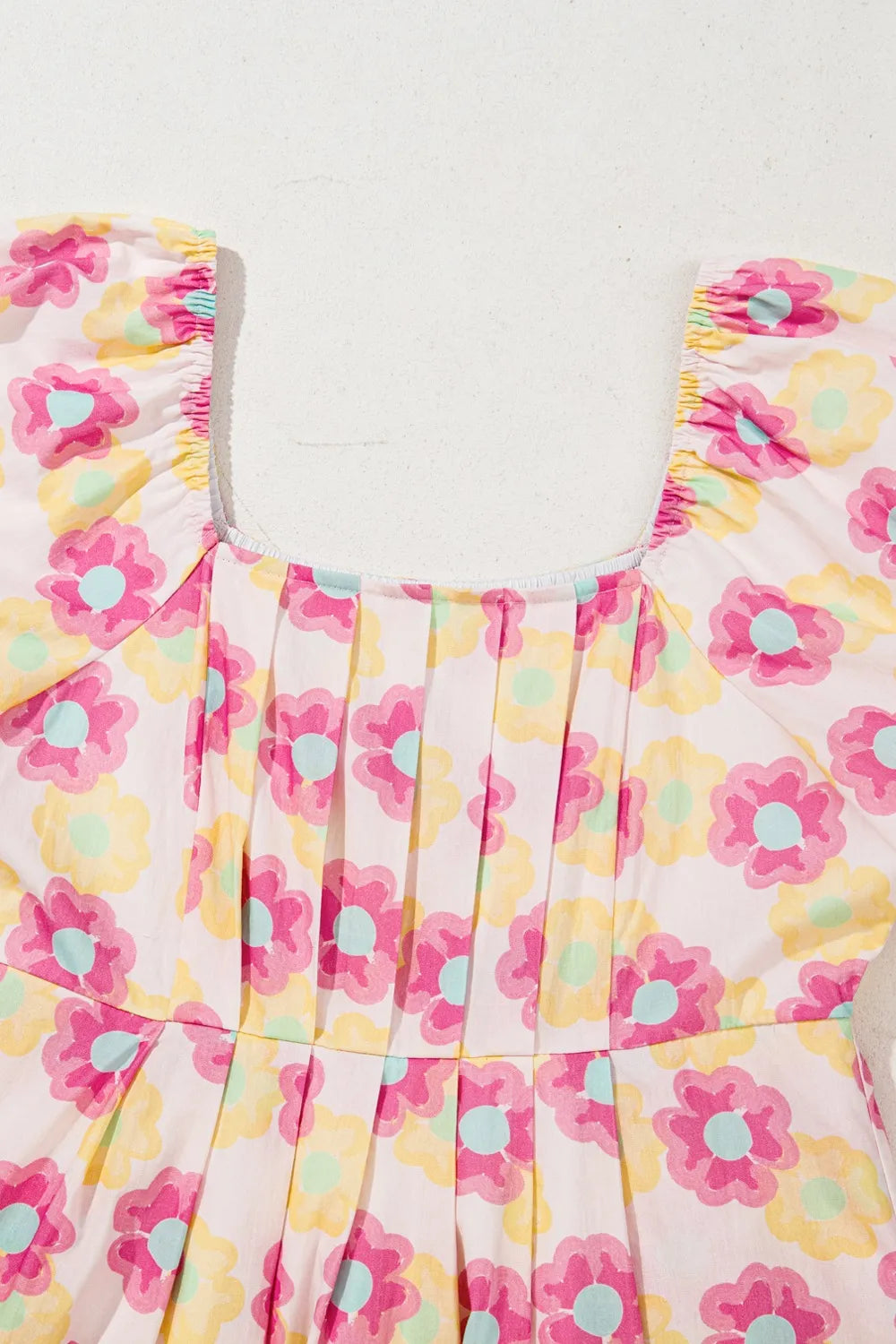 Floral Square Neck Puff Sleeve Pleated Flared Midi Dress Trendsi
