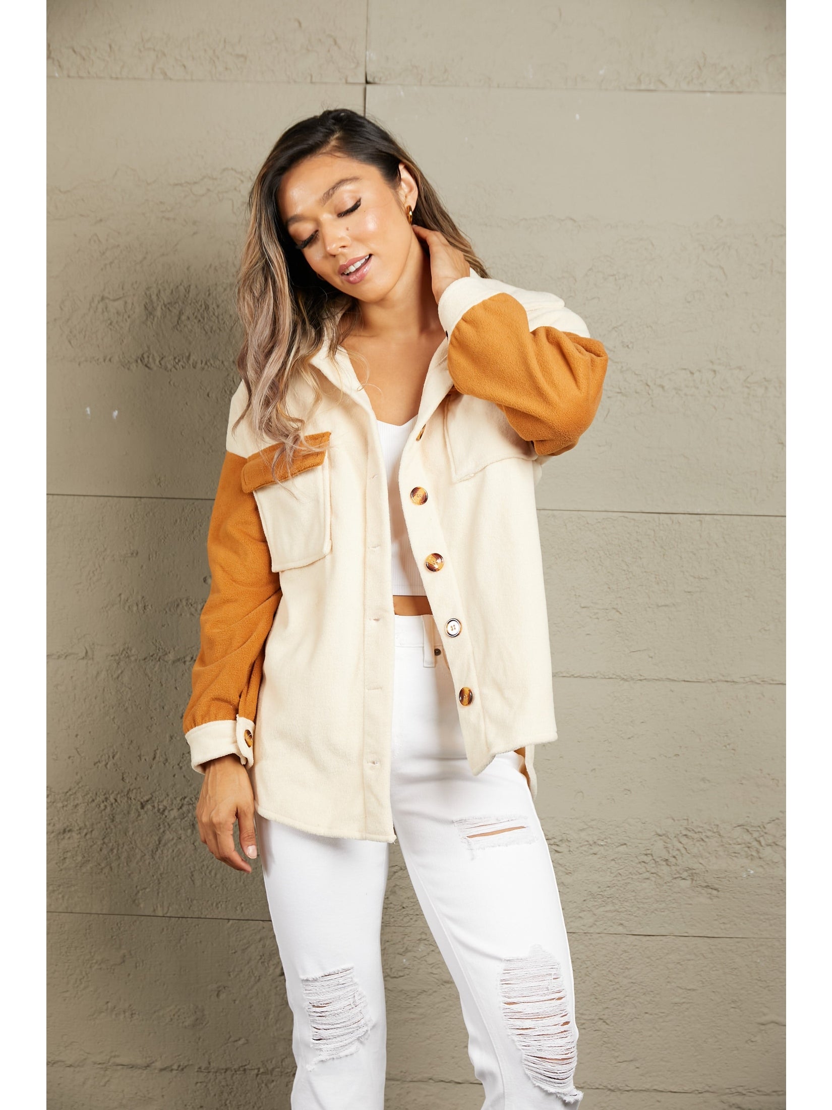 Perfee Contrast Button-Up Fleece Jacket nicholesgifts