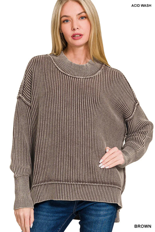 Zenana Washed Side Slit Oversized Sweater