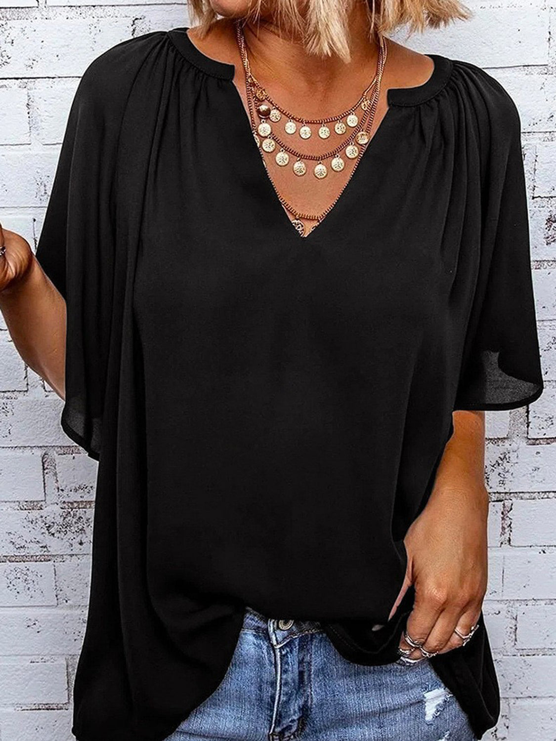 Ruched Notched Half Sleeve Blouse nicholesgifts