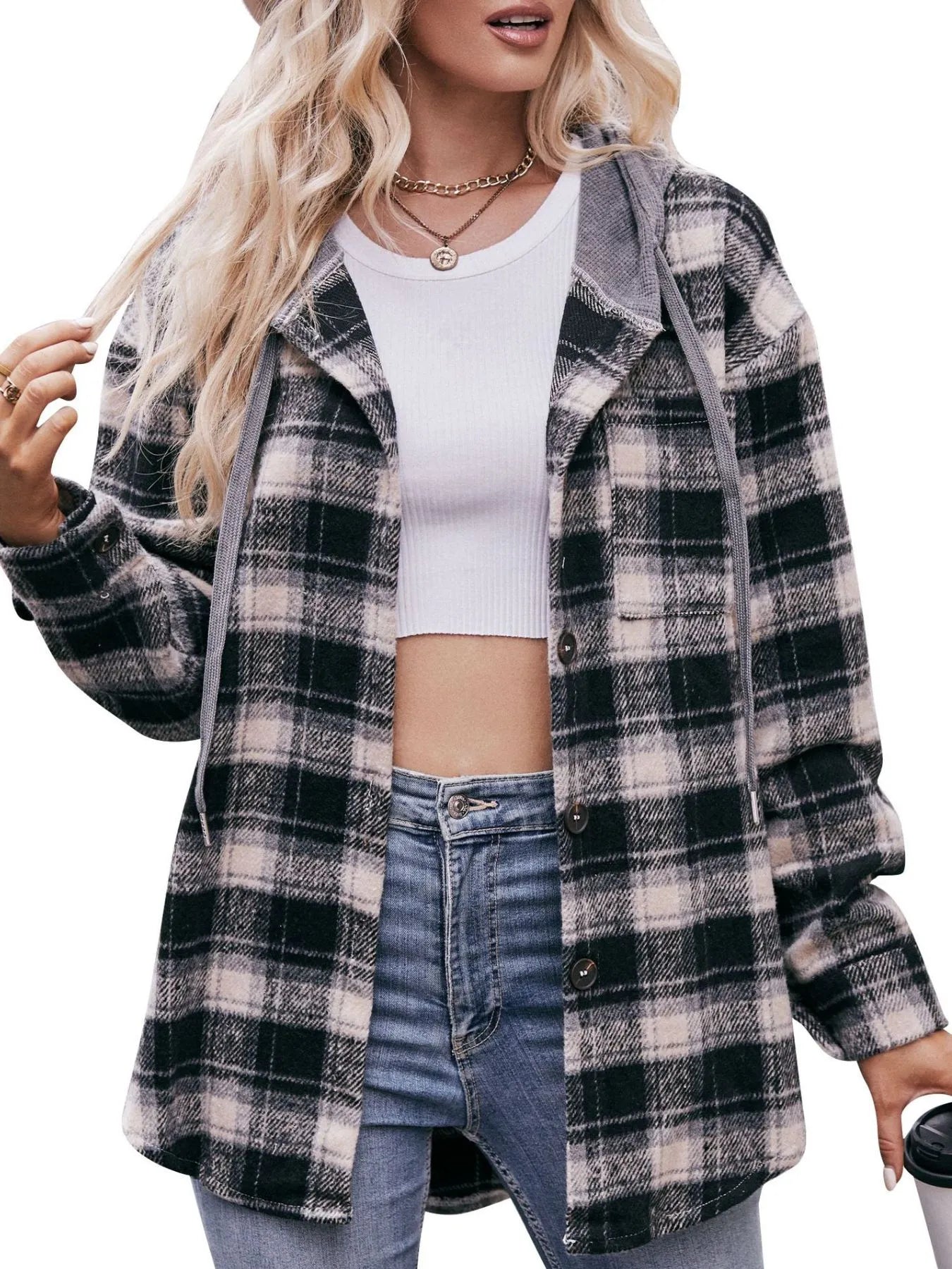 Oversized Plaid Button Up Shacket Trendsi