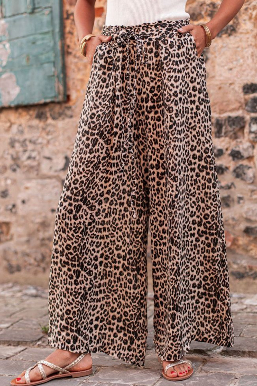 Leopard Drawstring Wide Leg Pants nicholesgifts