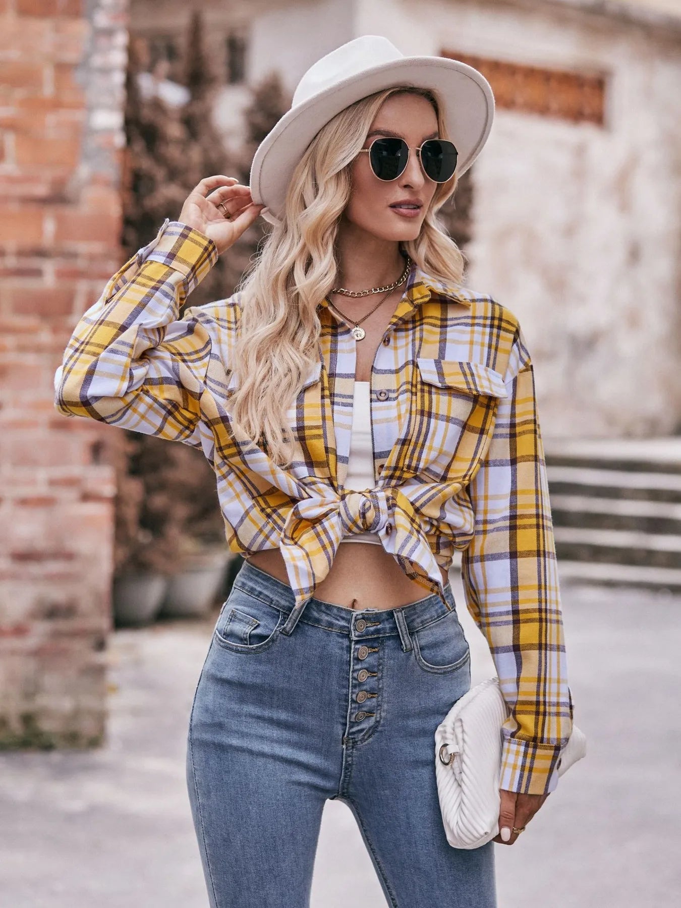 Plaid Button-Down Long Sleeve Shirt Trendsi