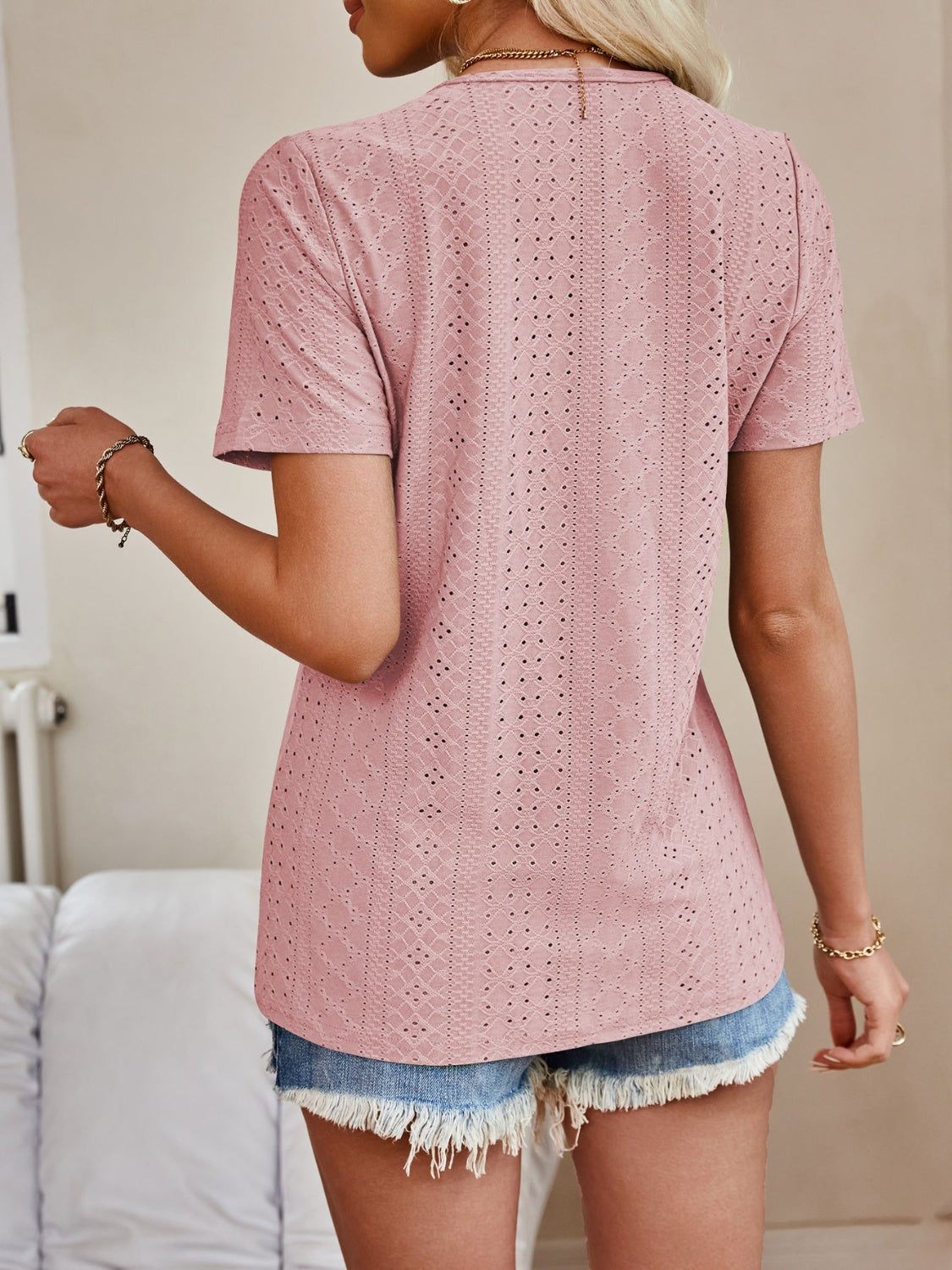 Eyelet V-Neck Short Sleeve Top nicholesgifts