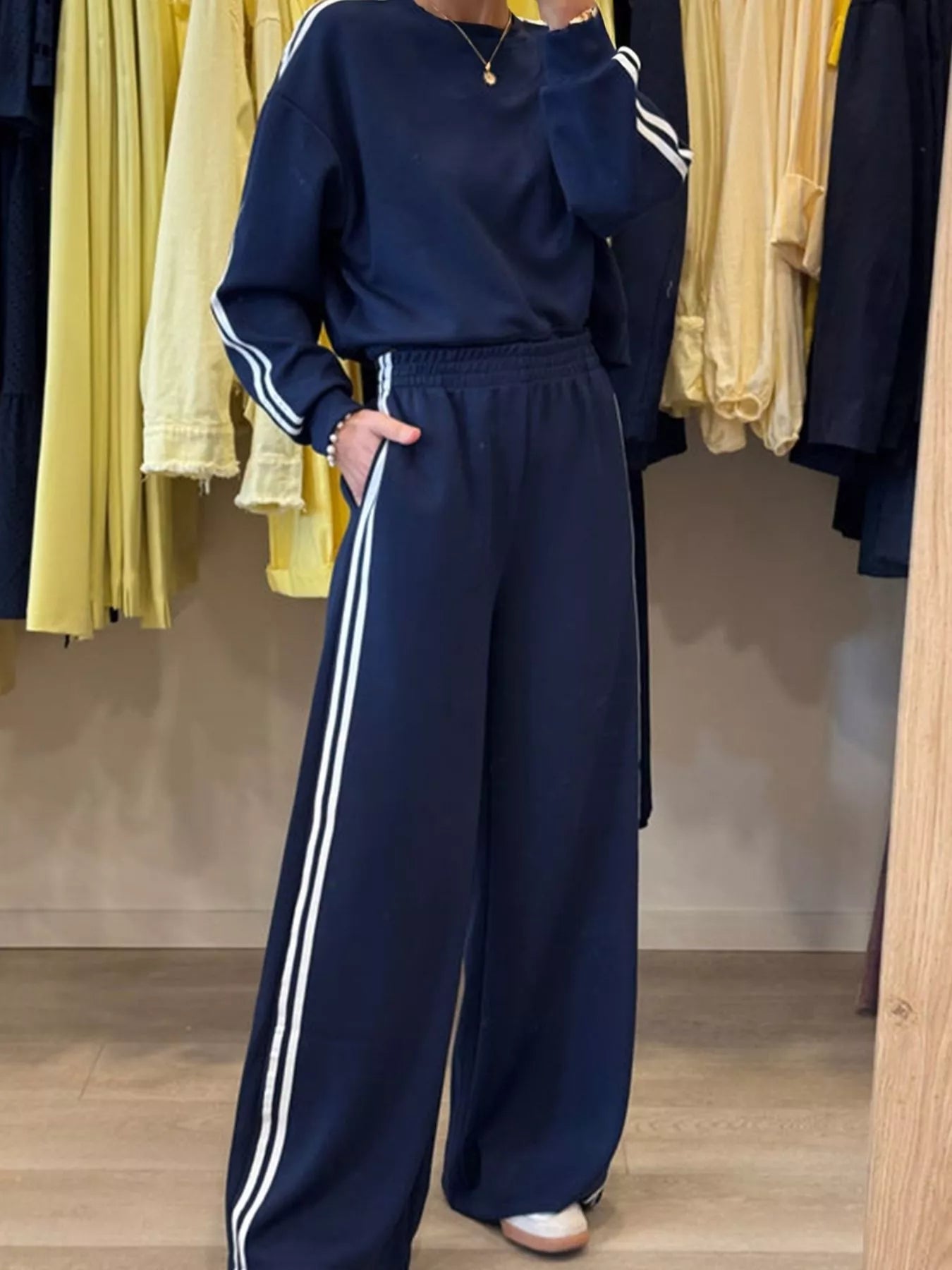 Striped Detail Crewneck Top and Elastic Sweatpants 2pcs Set Trendsi