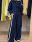 Women Striped Detail Crewneck Top and Elastic Sweatpants 2pcs Set nicholesgifts