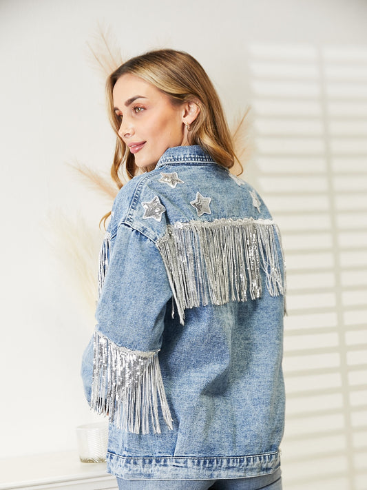 Fringe Detail Long Sleeve Denim Jacket nicholesgifts