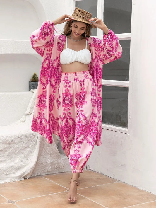 Printed Open Front Top and Pants Set nicholesgifts