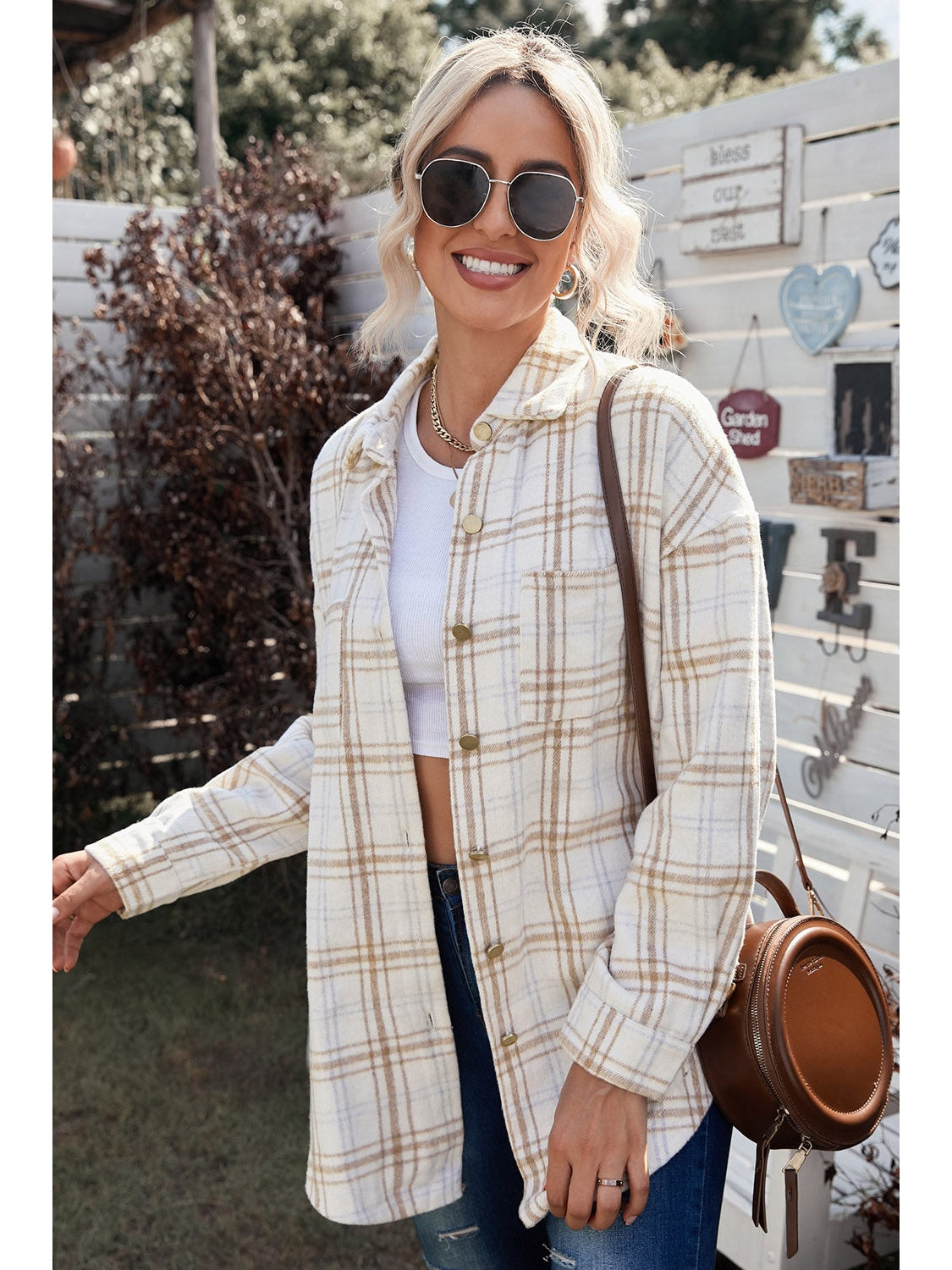 Plaid Curved Hem Dropped Shoulder Longline Shirt Jacket nicholesgifts