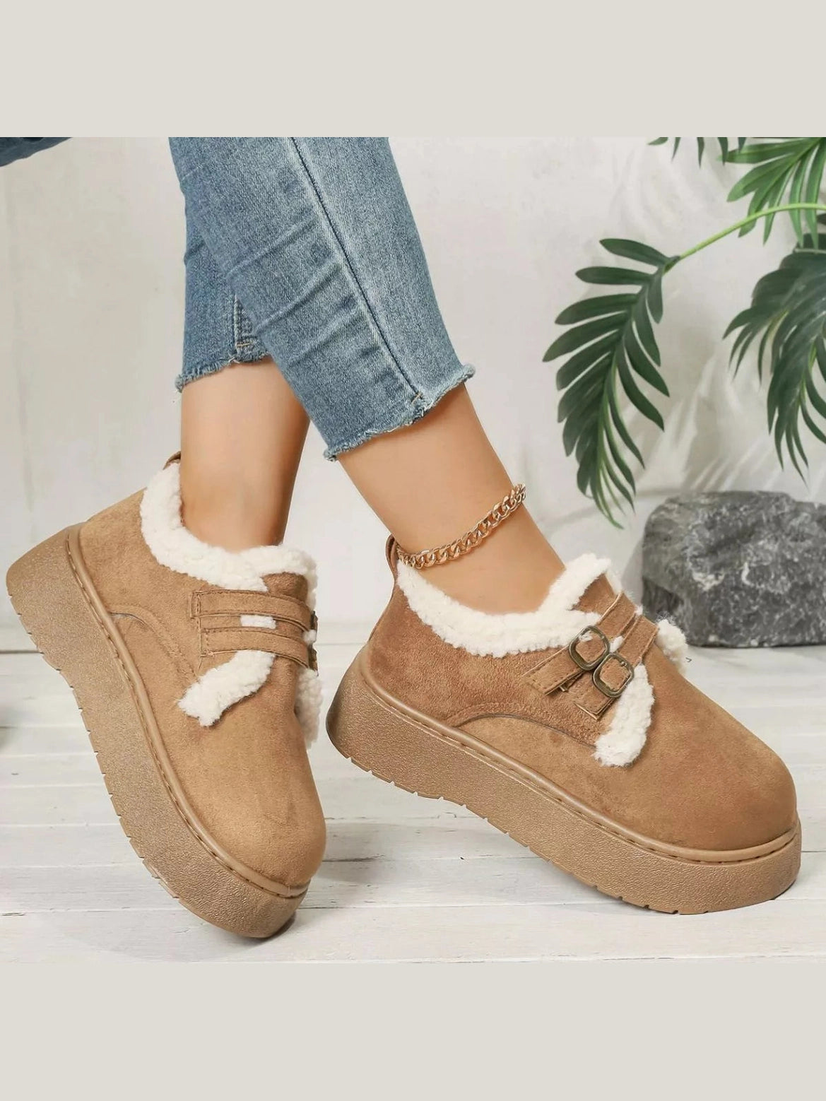 Buckle Strap Faux Fur Trim Platform Boots Trendsi