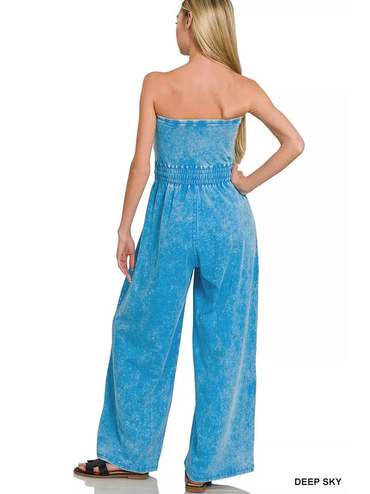Zenana Acid Washed Strapless Tube Top Jumpsuit nicholesgifts