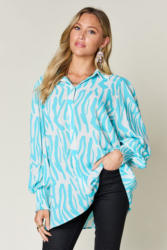 Double Take Full Size Printed Smocked Long Sleeve Blouse NicholesGifts