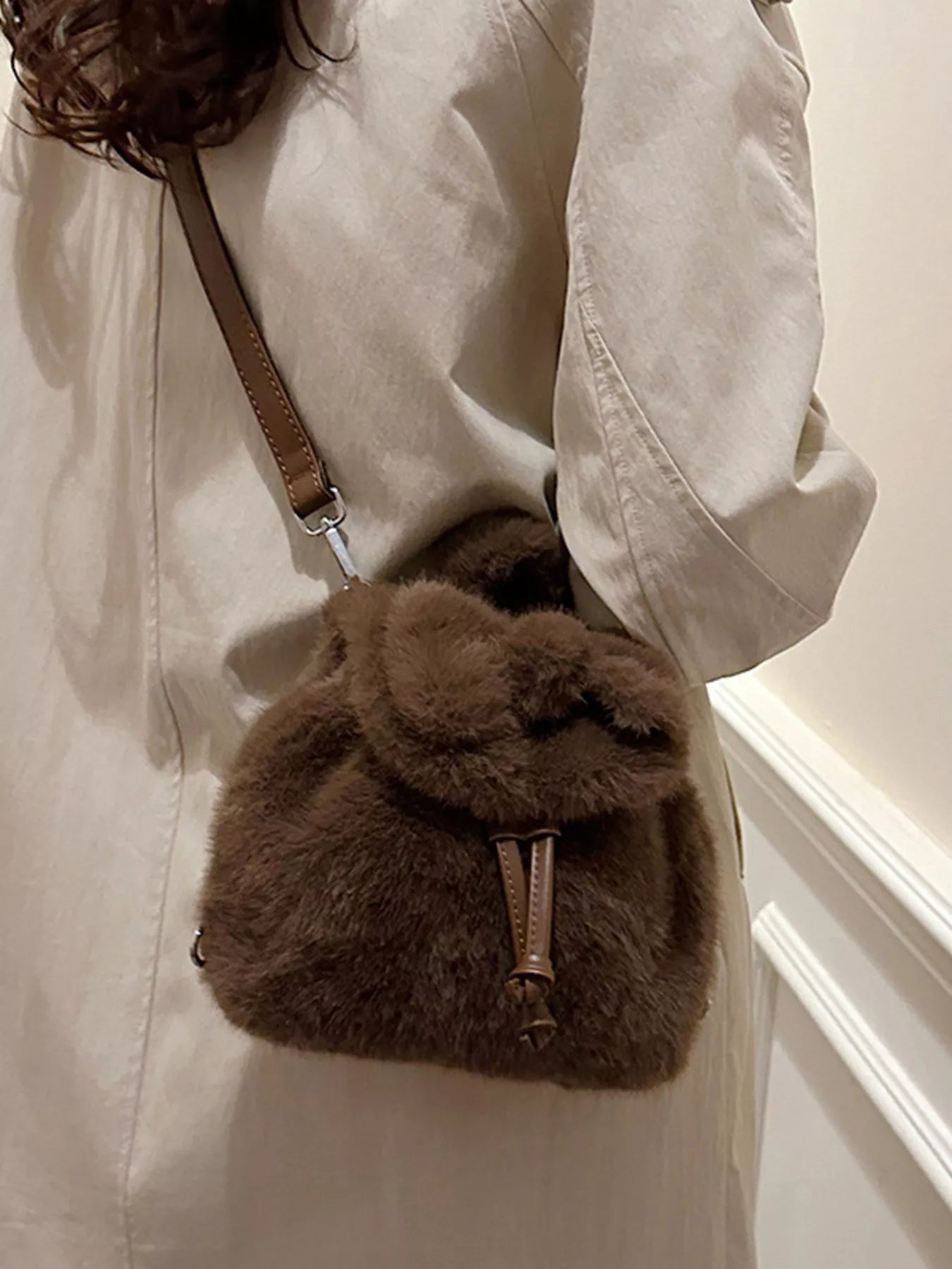 Fuzzy Plush Drawstring Backpack Bag nicholesgifts