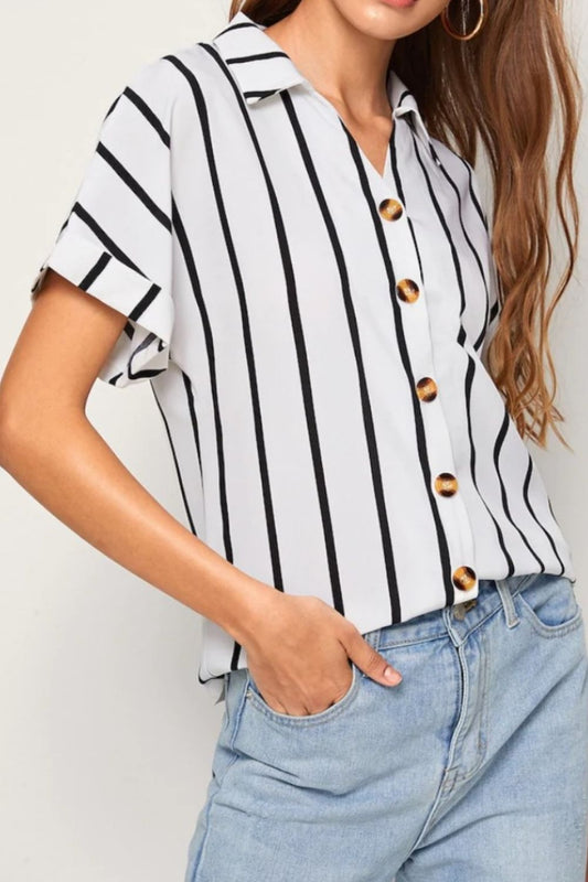 Striped Button Up Short Sleeve Shirt nicholesgifts