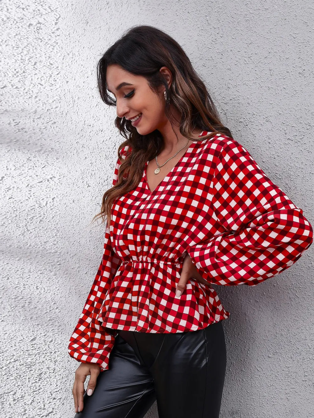 Plaid V-Neck Balloon Sleeve Peplum Blouse nicholesgifts