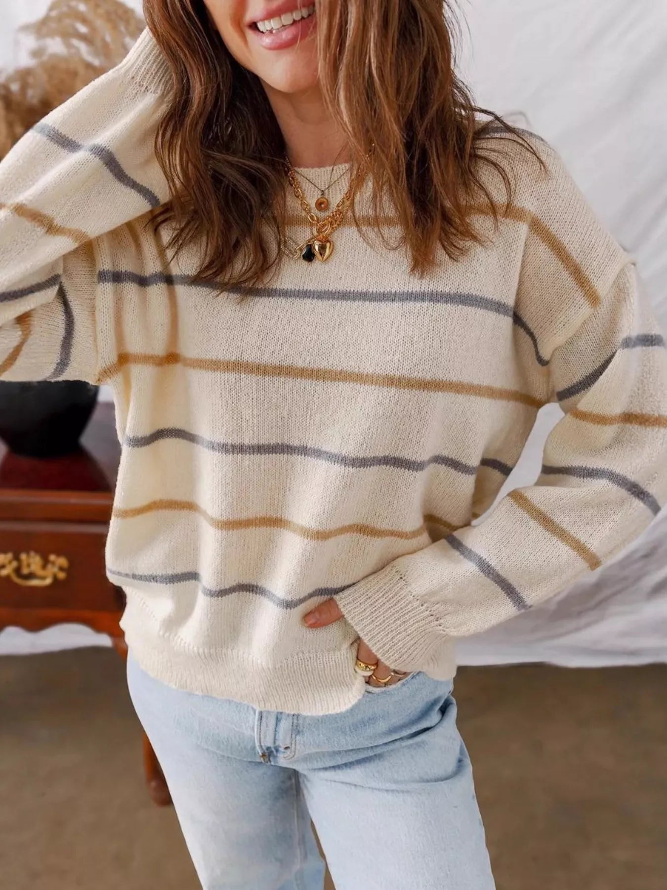 Striped Round Neck Drop Shoulder Sweater NicholesGifts