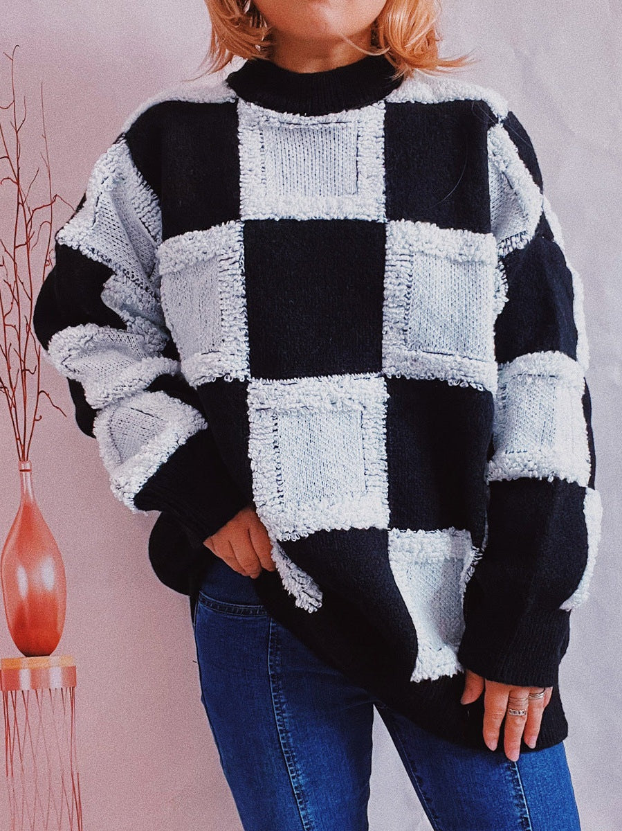 Checkered Round Neck Long Sleeve Sweater Trendsi