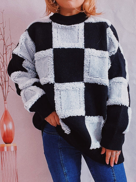 Checkered Round Neck Long Sleeve Sweater Trendsi