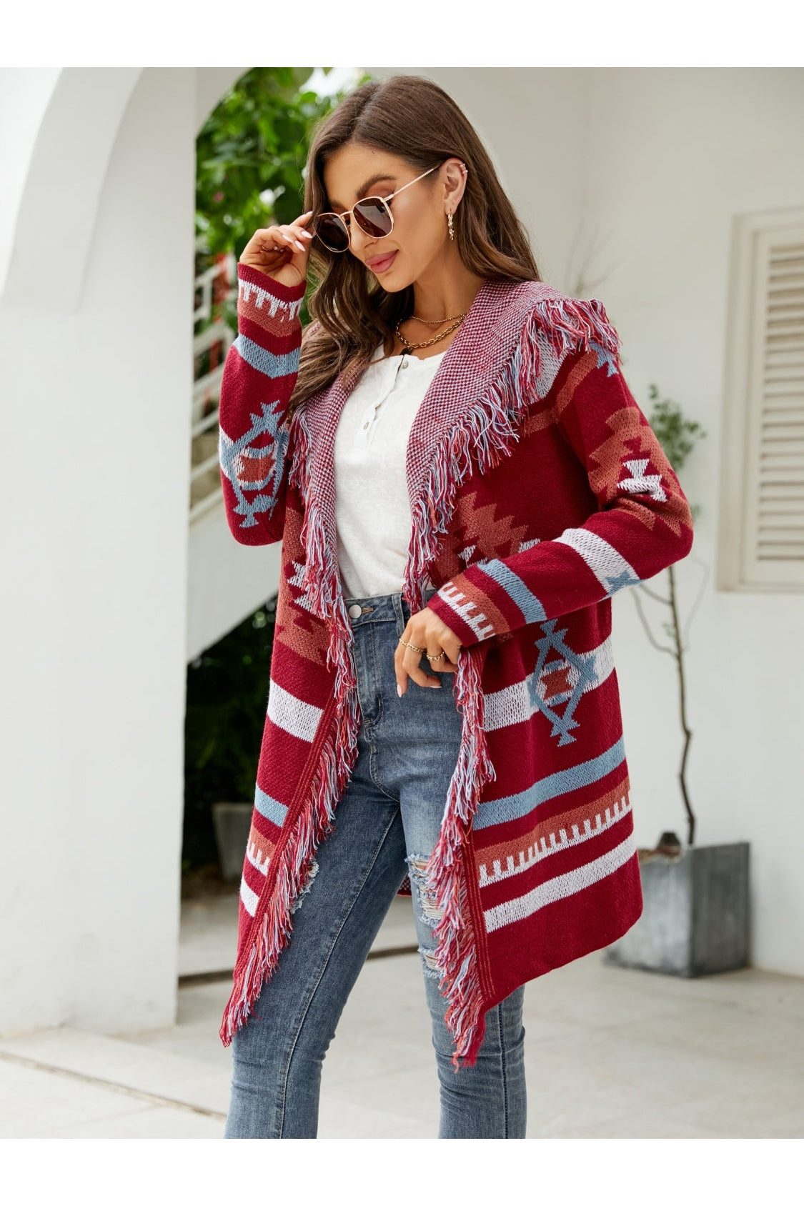 Fringe Geometric Hooded Long Sleeve Cardigan nicholesgifts