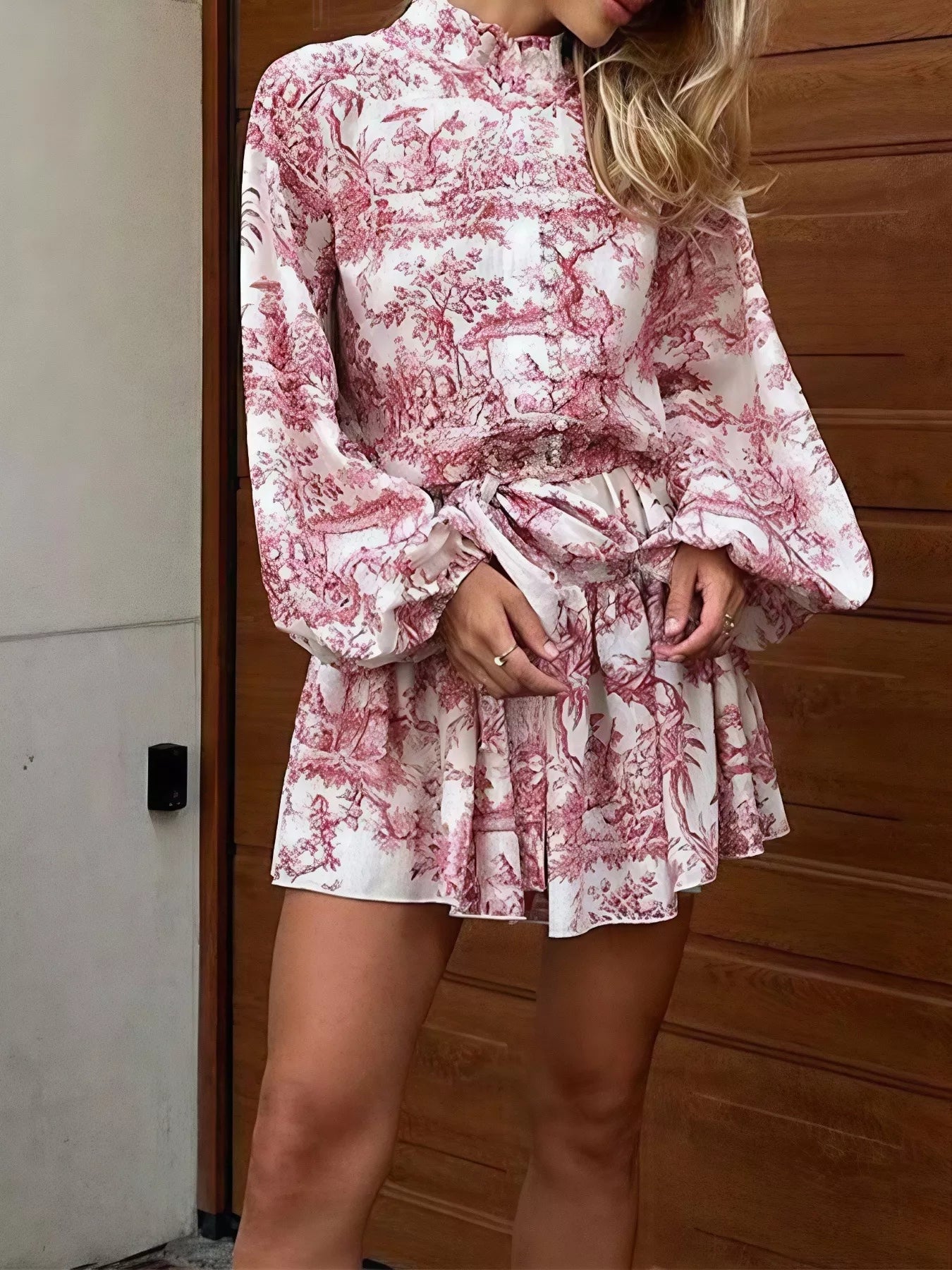 Women Printed Balloon Sleeve Tie Waist Dress