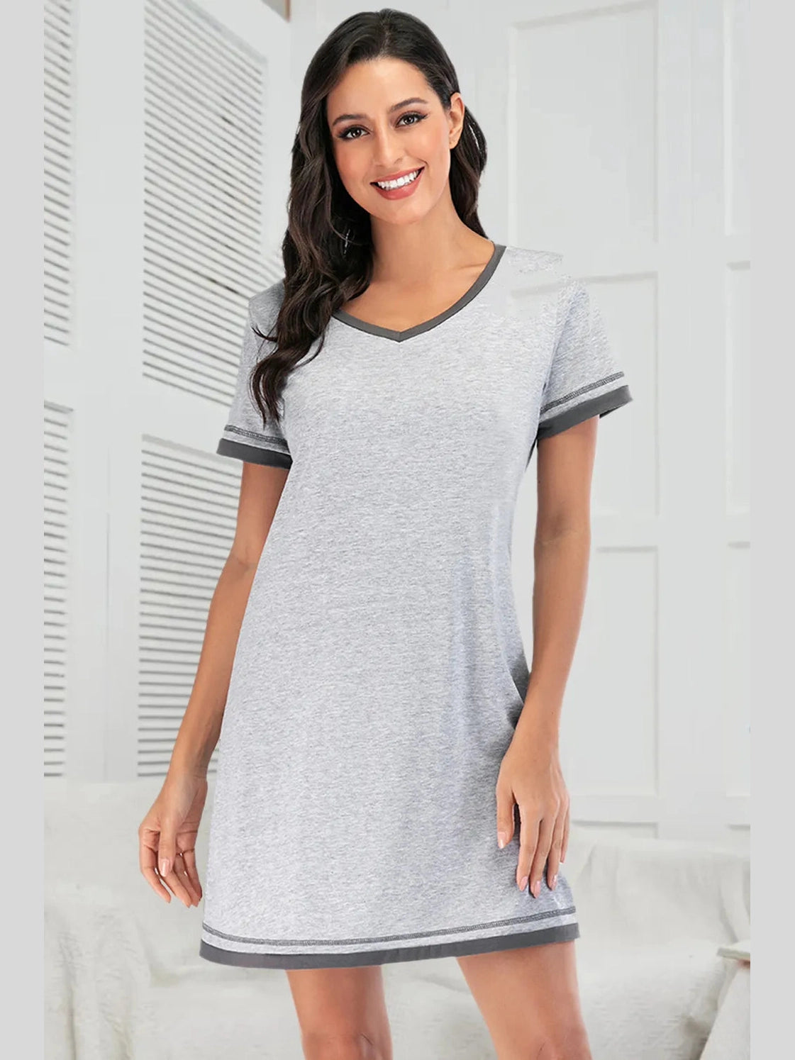 Contrast Trim Short Sleeve Lounge Dress nicholesgifts