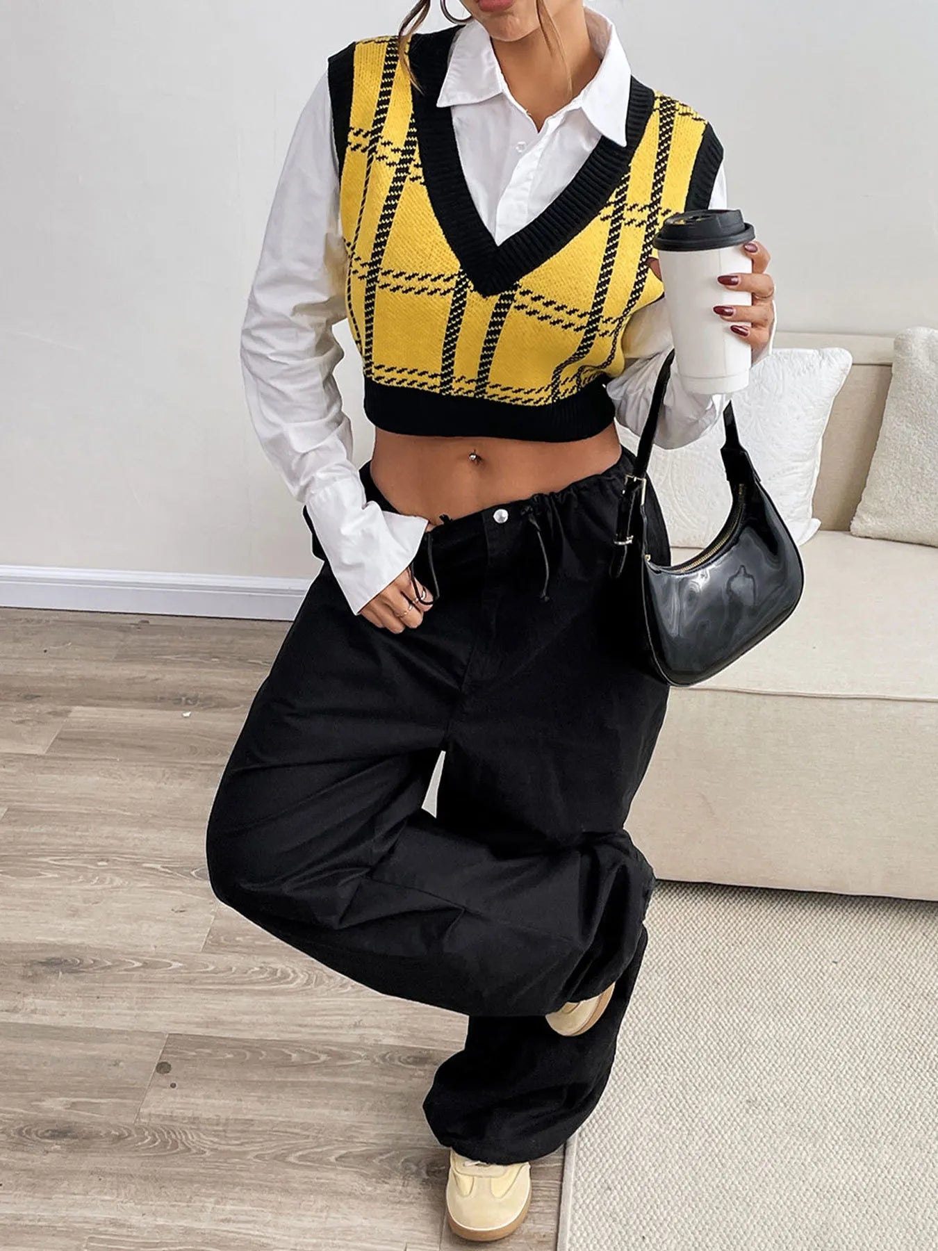 Plaid V-Neck Cropped Sweater Vest Trendsi