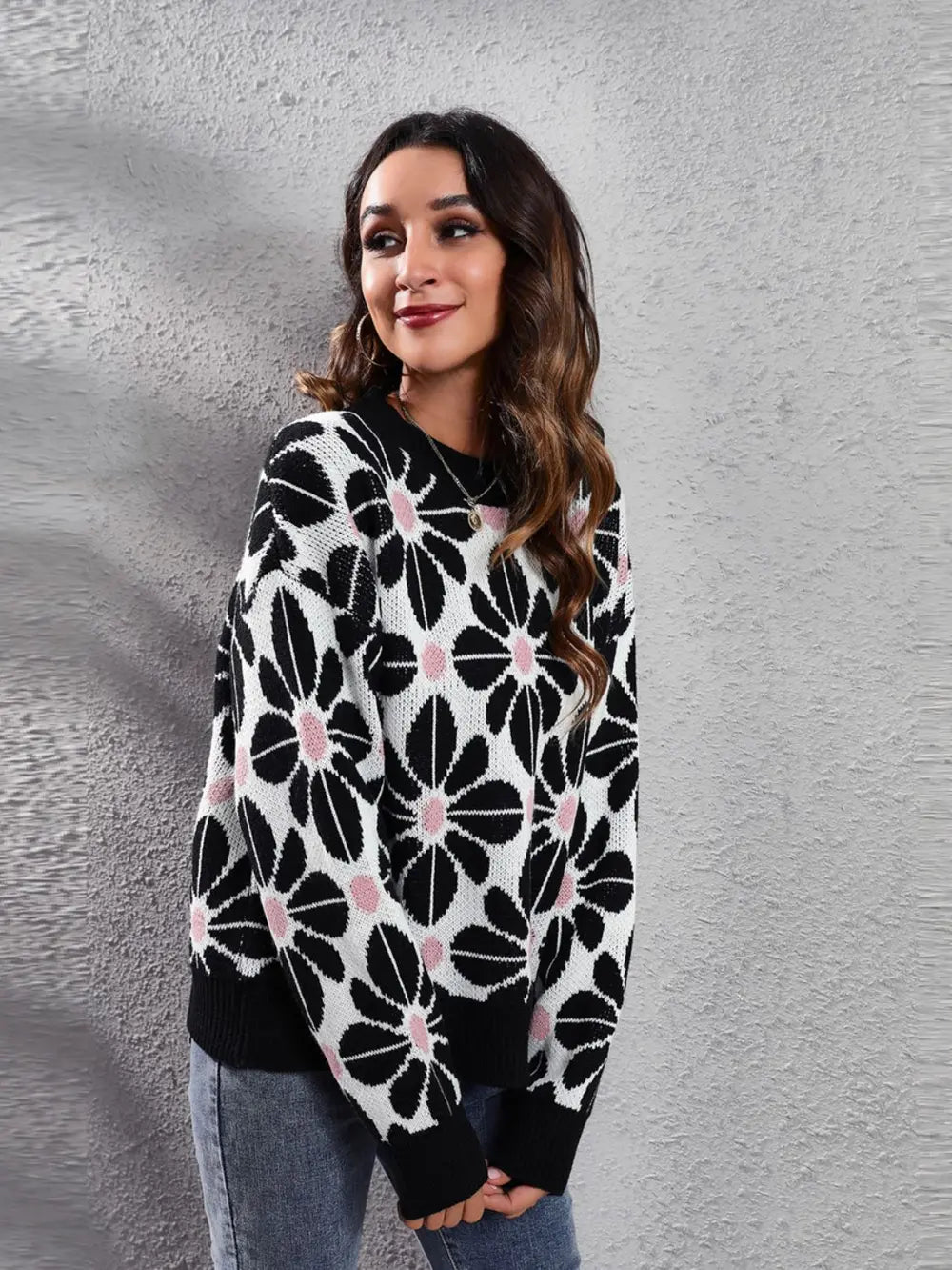 Floral Round Neck Long Sleeve Sweater nicholesgifts
