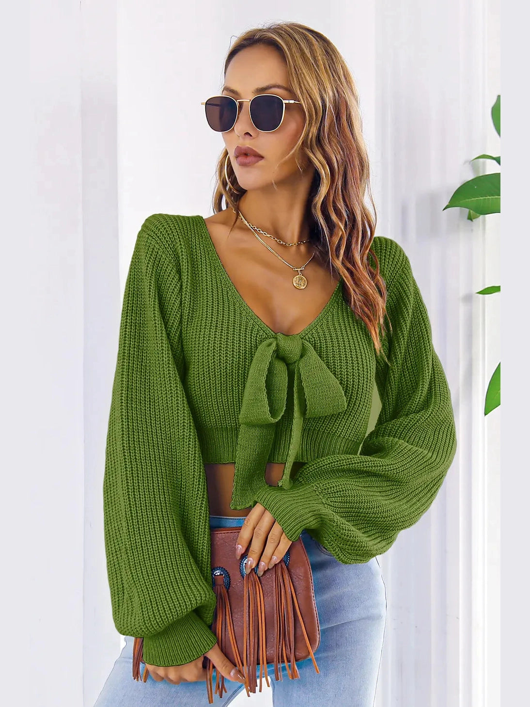 Bow V-Neck Long Sleeve Cropped Sweater nicholesgifts