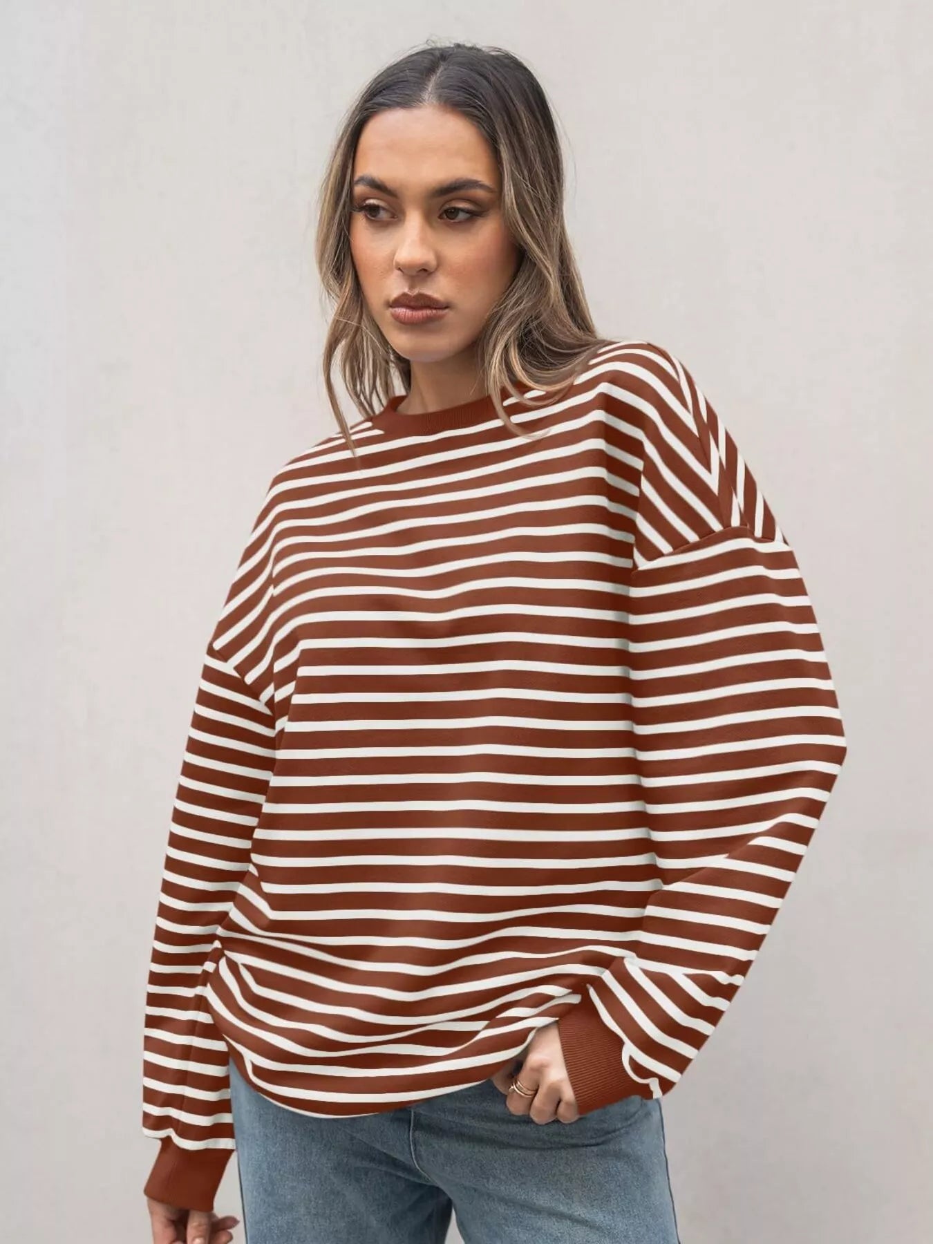Striped Round Neck Oversized Casual Sweatshirt Trendsi