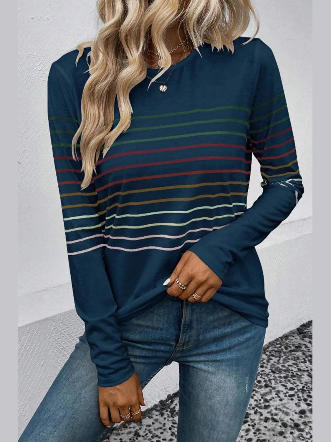 Striped Round Neck Long Sleeve T-Shirt nicholesgifts