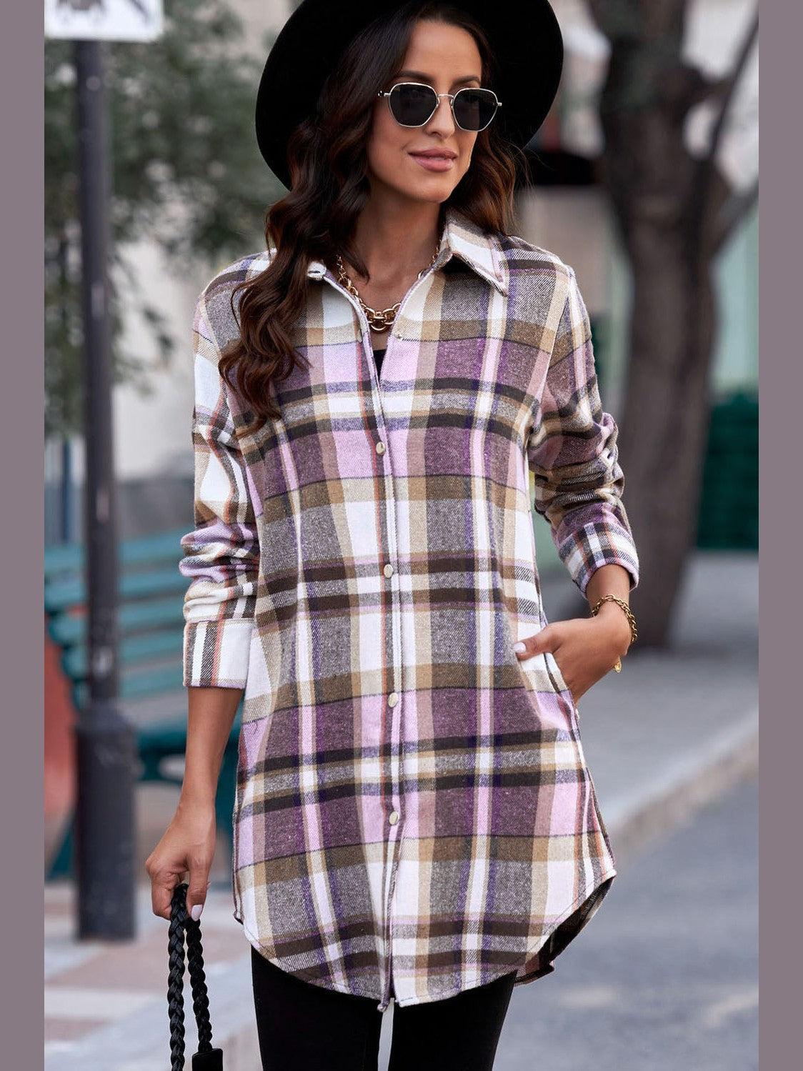 Plaid Button-Up Longline Shirt Jacket nicholesgifts