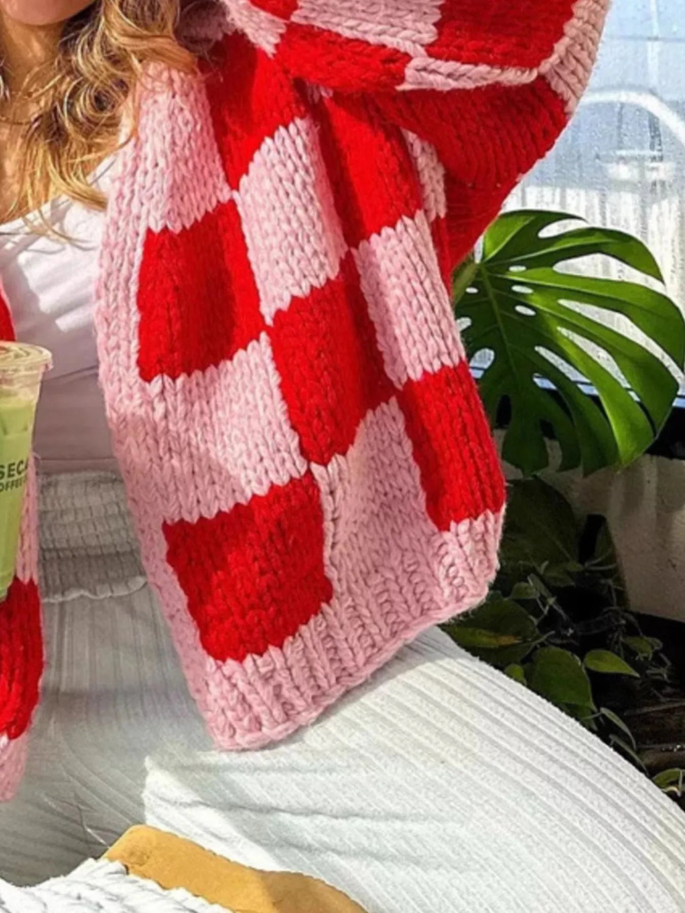 Checkered Open Front Long Sleeve Cardigan