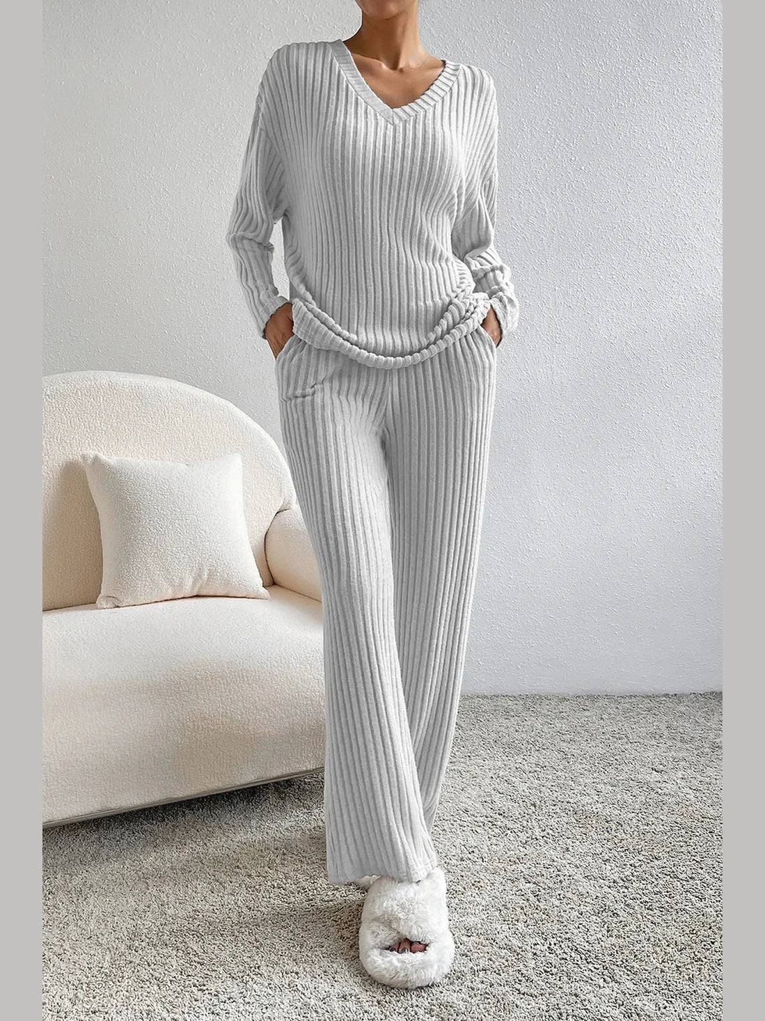 Ribbed V-Neck Top and Pants Lounge Set nicholesgifts