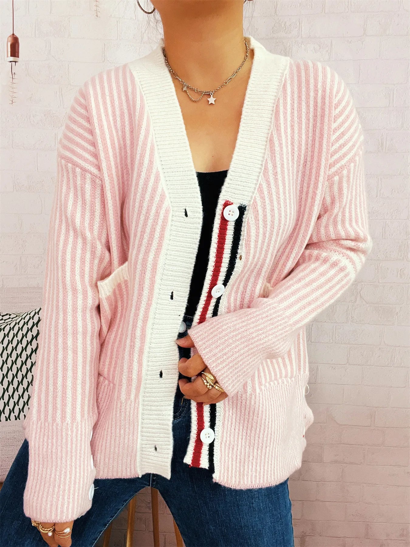 Striped Button-Front Cardigan with Contrast Trim