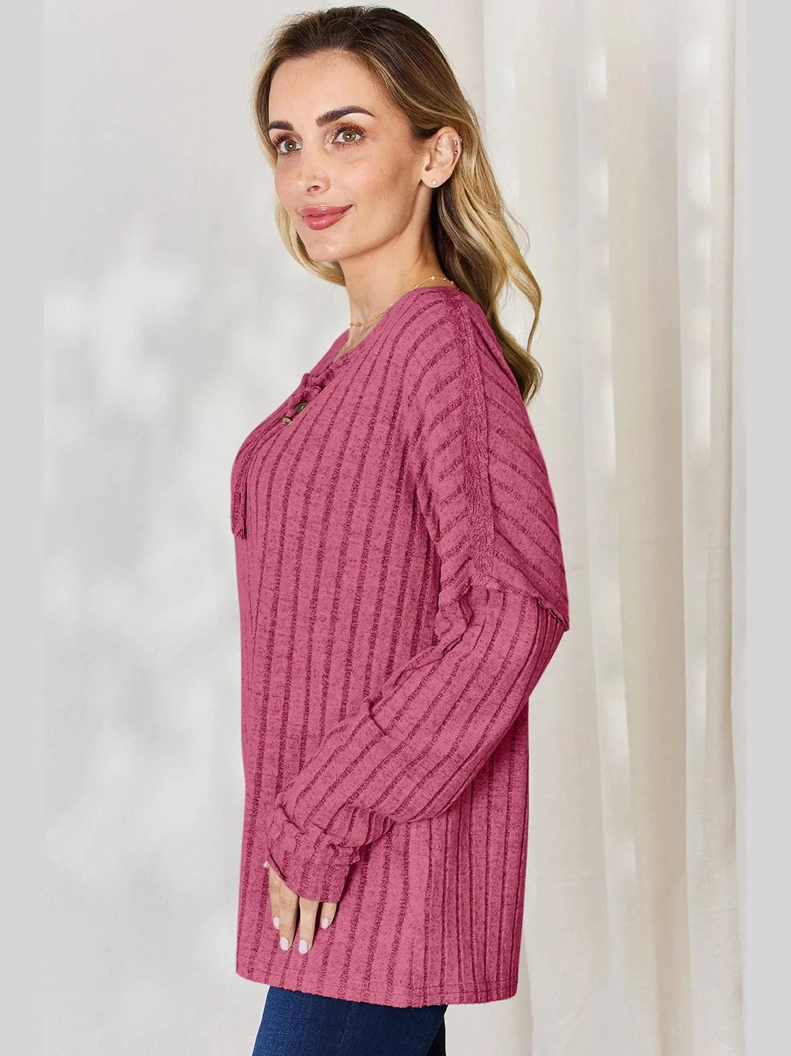 Basic Bae Full Size Ribbed Half Button Long Sleeve T-Shirt nicholesgifts