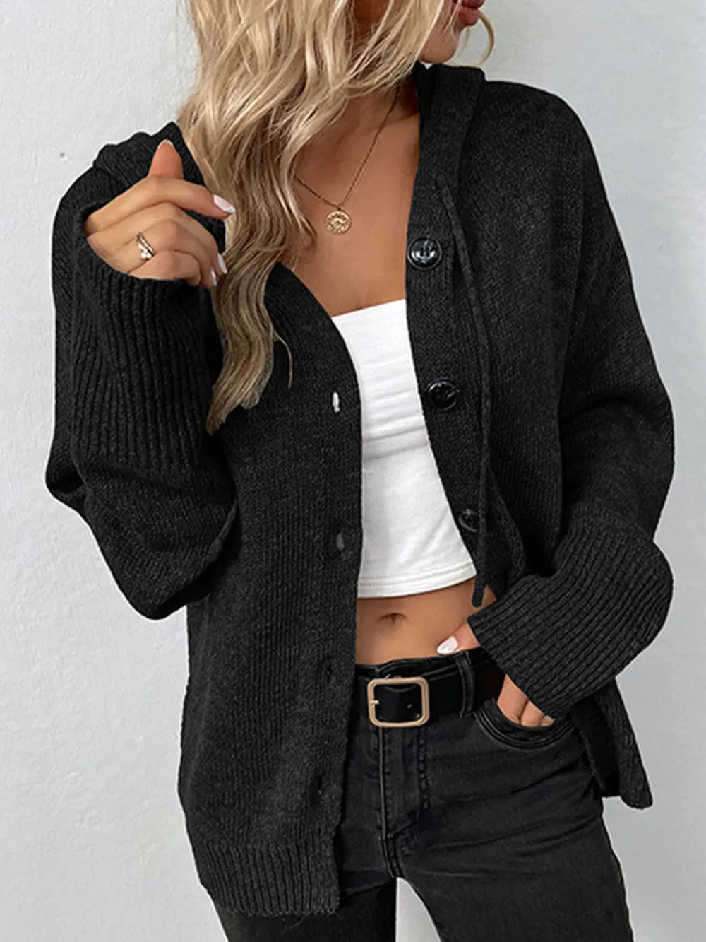 Women Drawstring Button Up Hooded Cardigan nicholesgifts