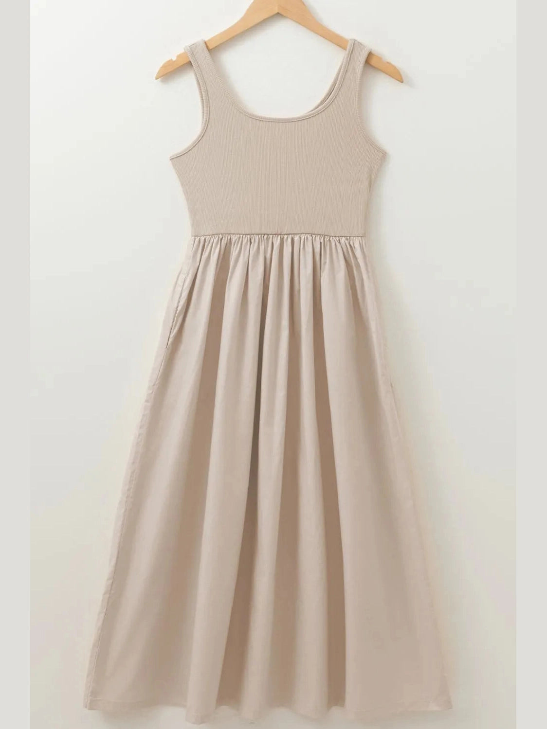Scoop Neck Ribbed Bodice Sleeveless Midi Tank Dress NicholesGifts